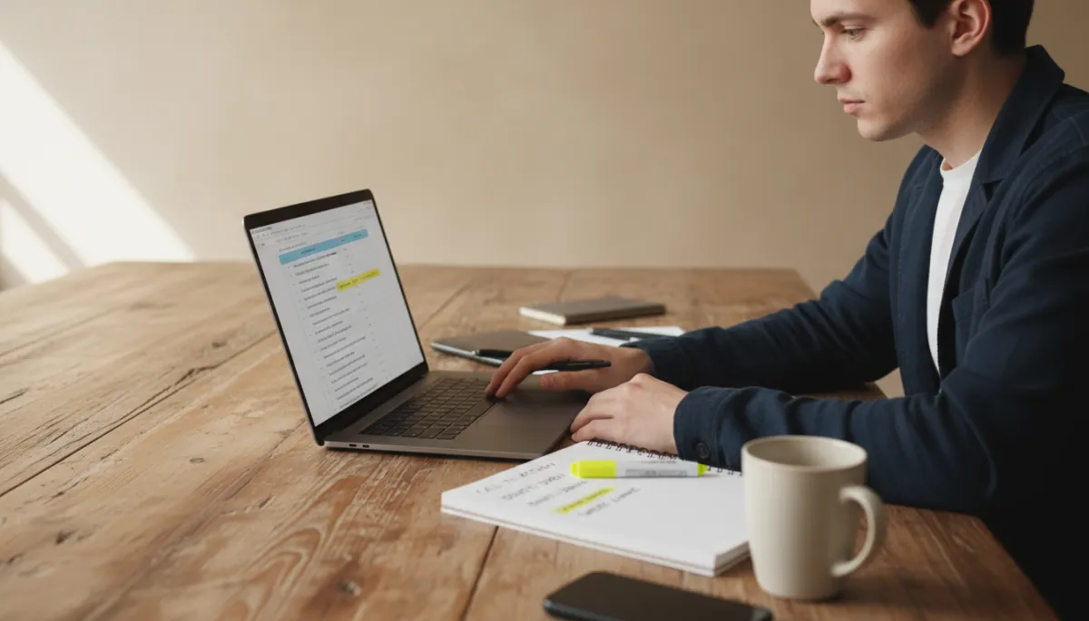 photorealistic neutral-toned scene of a copywriter at a wooden desk reviewing notes and a laptop screen filled with marketing copy, soft natural light from a nearby window, coffee mug and notepad with highlighted phrases, subtle depth of field