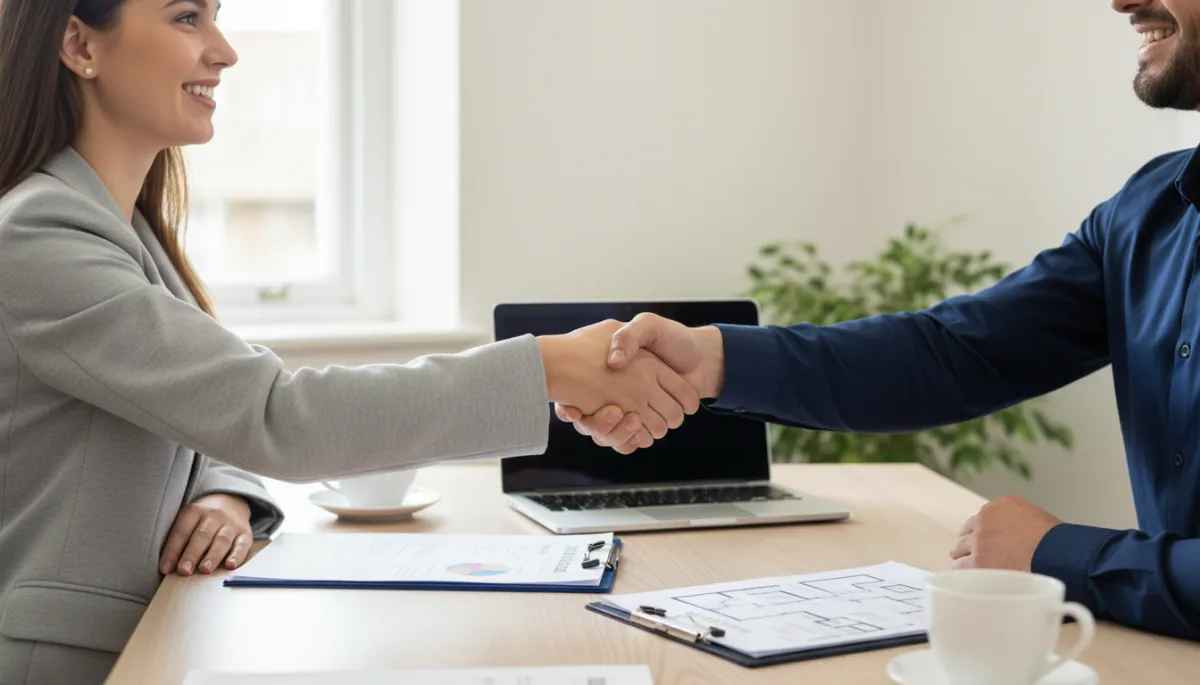 photographic realistic scene of a friendly estate agent and local business owner shaking hands across a table in a bright neutral-toned office, valuation documents and laptop on the desk, soft natural light, calm professional atmosphere