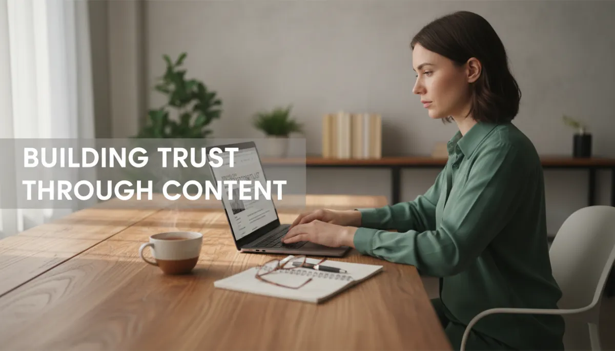 photorealistic neutral-toned scene of a marketer at a wooden desk reviewing content on a laptop, notebook and cup of tea nearby, soft natural light from a window, subtle on-screen overlay text about building trust through content