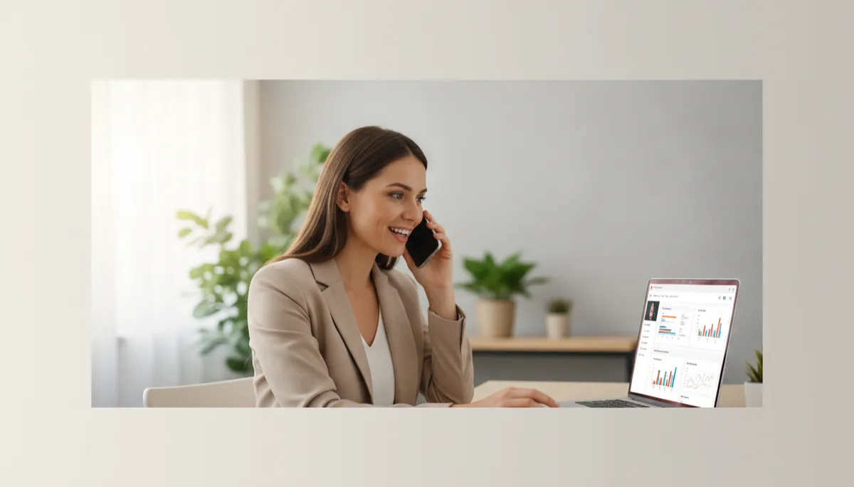 photorealistic neutral-toned modern office setting with a friendly sales professional speaking on the phone while looking at a laptop screen showing a CRM dashboard, soft natural light, calm professional atmosphere