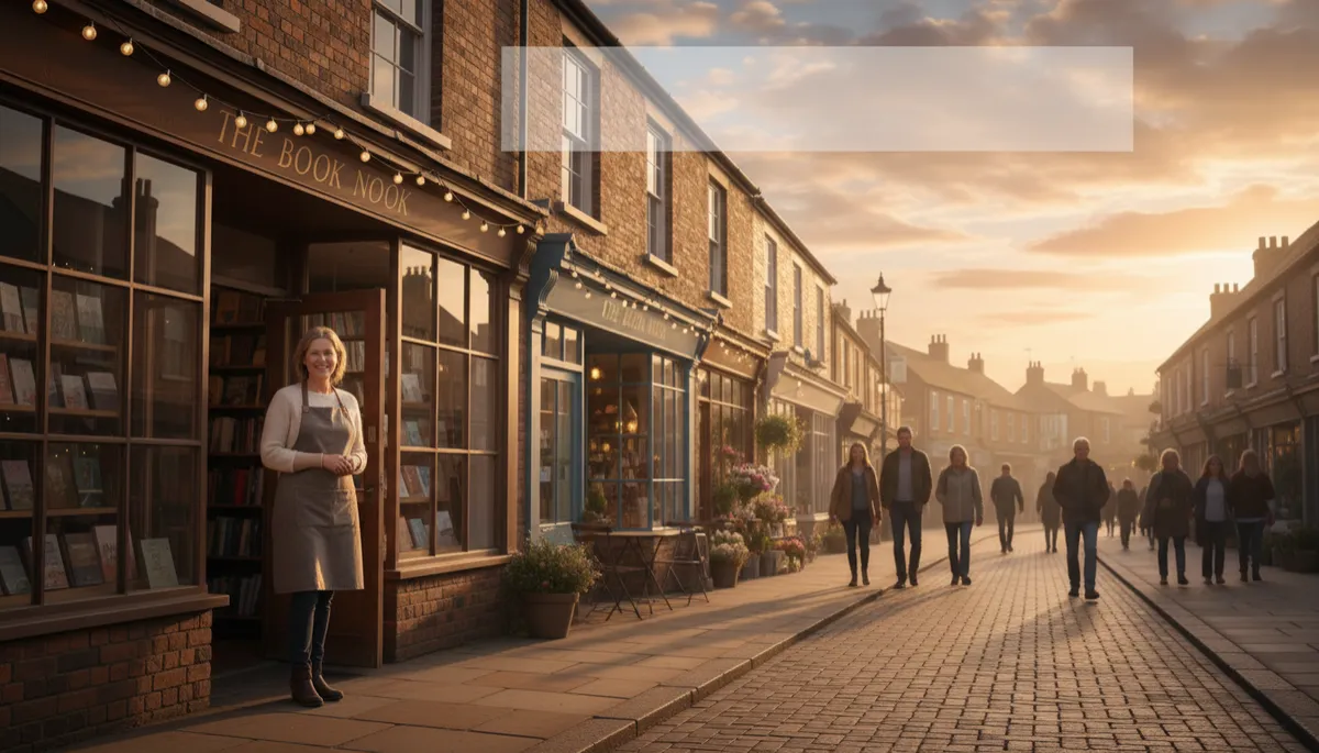 photorealistic neutral-toned high street scene at golden hour, friendly shop owner standing in doorway of small independent business, warm natural light, subtle reflections in windows, overlay text area in sky space