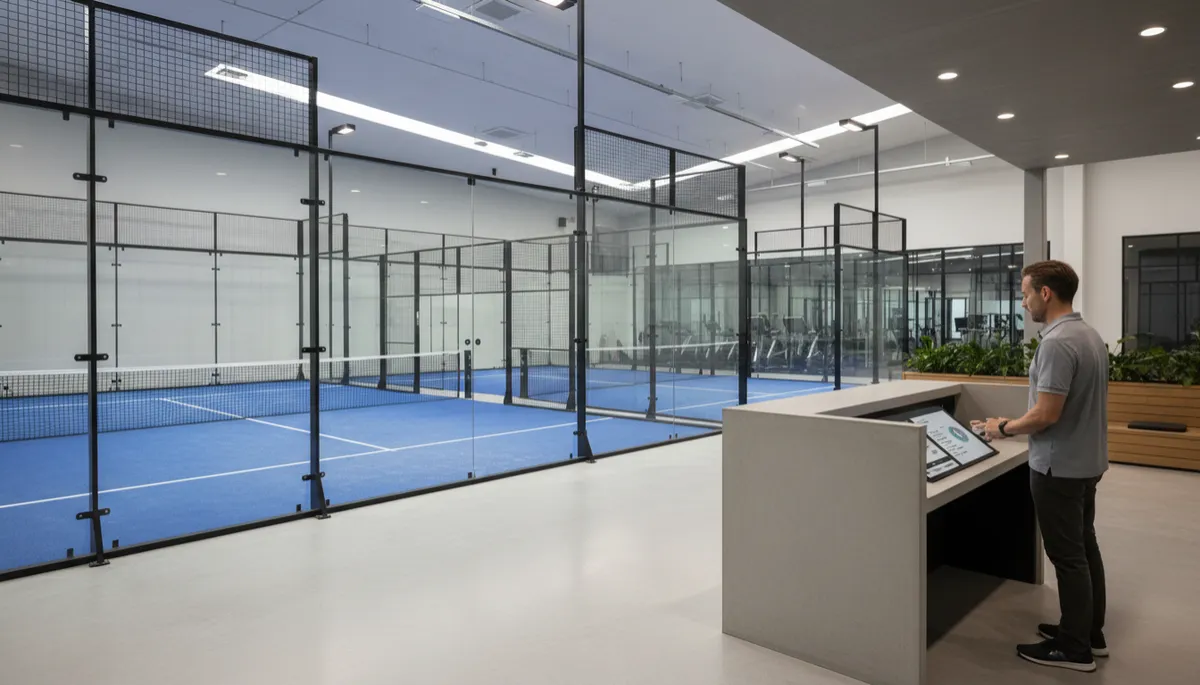 photographic realistic wide shot of a modern indoor padel club with several empty courts on a weekday afternoon, soft neutral lighting, a single staff member at reception checking a digital booking screen