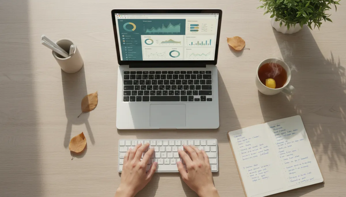 photorealistic neutral-toned home office with a laptop open on a blog analytics dashboard, soft daylight, a person’s hands typing on a keyboard, a notebook with handwritten content ideas beside a mug of tea