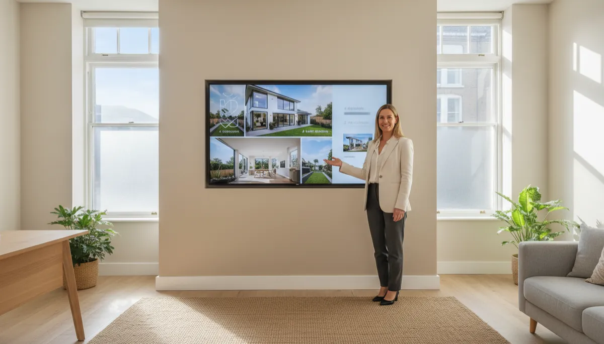 photographic realistic scene of a friendly estate agent in a neutral-toned high street office, standing beside a large screen showing a featured property listing with photos and key details, natural daylight, calm professional atmosphere