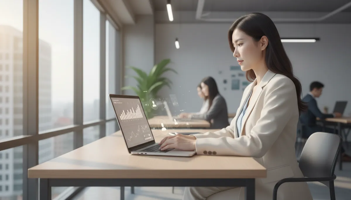 photorealistic neutral-toned modern office with a marketer reviewing ad performance charts on a laptop, large window light, subtle graphs and audience icons overlayed on screen