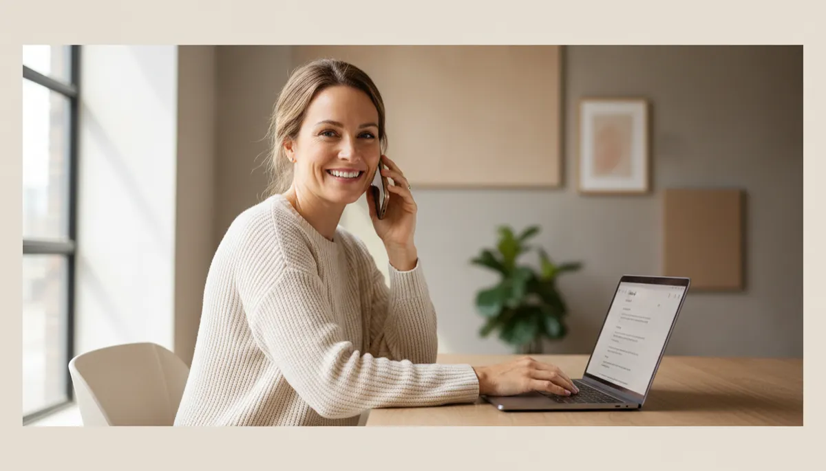 photorealistic scene of a small business owner in a neutral-toned office smiling while speaking on the phone and checking follow-up emails on a laptop, soft natural light, calm professional atmosphere