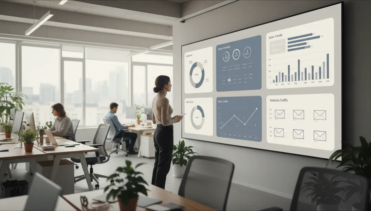 photorealistic modern open-plan office with a marketer looking at a large neutral-toned dashboard screen showing customer data, charts and email campaign results, soft natural light, calm professional atmosphere