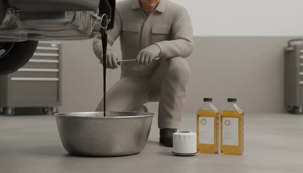 professional photorealistic close-up of a master mechanic in a neutral-toned shop draining dark engine oil into a pan next to fresh oil containers and a clean oil filter, calm lighting and professional presentation