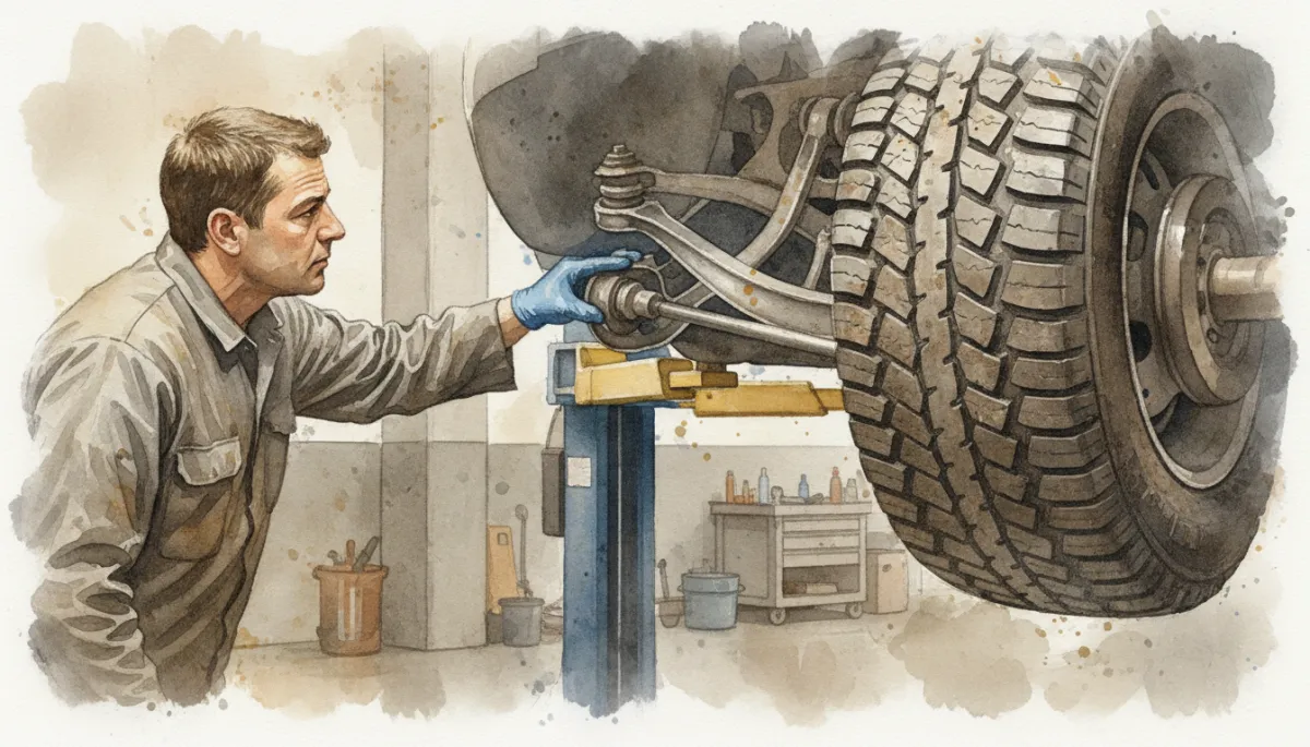 Mechanic inspecting suspension and steering components on a lifted vehicle Mechanic inspecting suspension and steering components on a lifted vehicle
