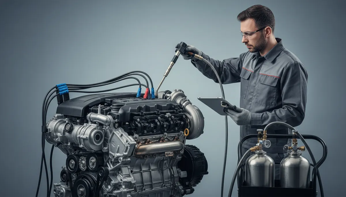 Technician performing engine decarbonization and diagnostics on a modern turbocharged engine