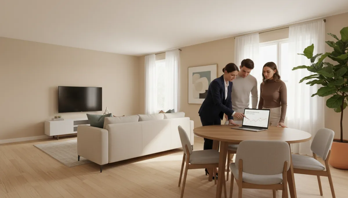 Staged living room with real estate agent presenting pricing analysis Staged living room with real estate agent presenting pricing analysis