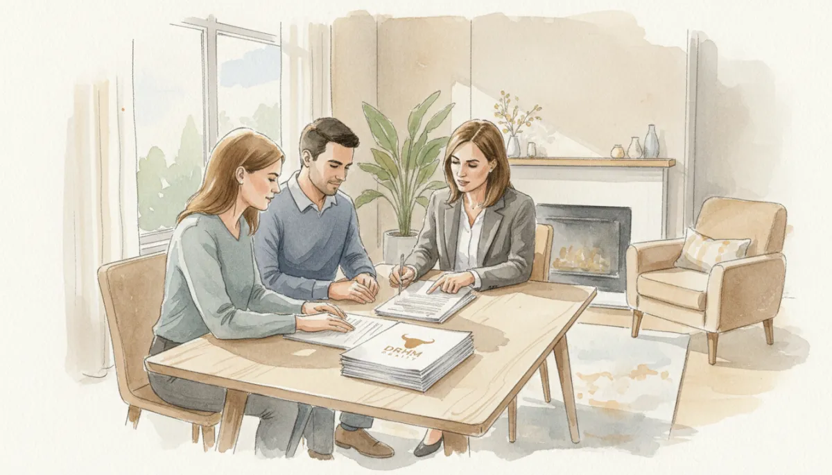 Buyers and an agent in a professional setting reviewing a home purchase contract Buyers and an agent in a professional setting reviewing a home purchase contract