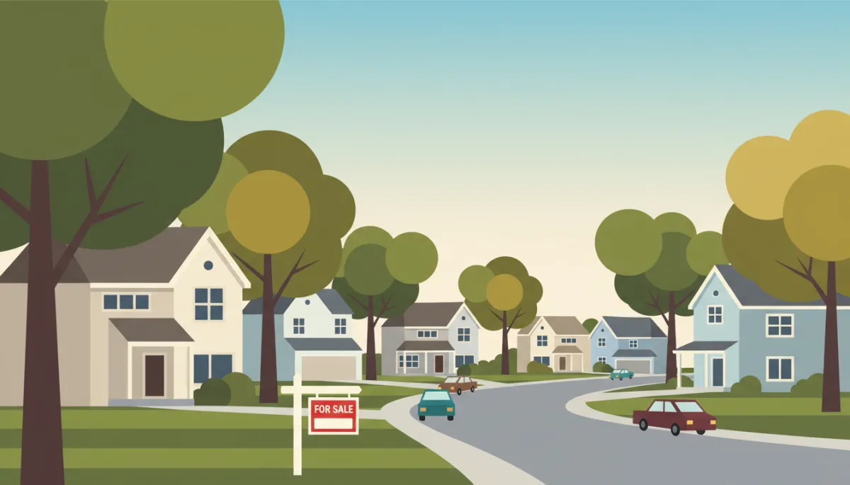 Quiet North Carolina suburban street with homes and a for-sale sign Quiet North Carolina suburban street with homes and a for-sale sign
