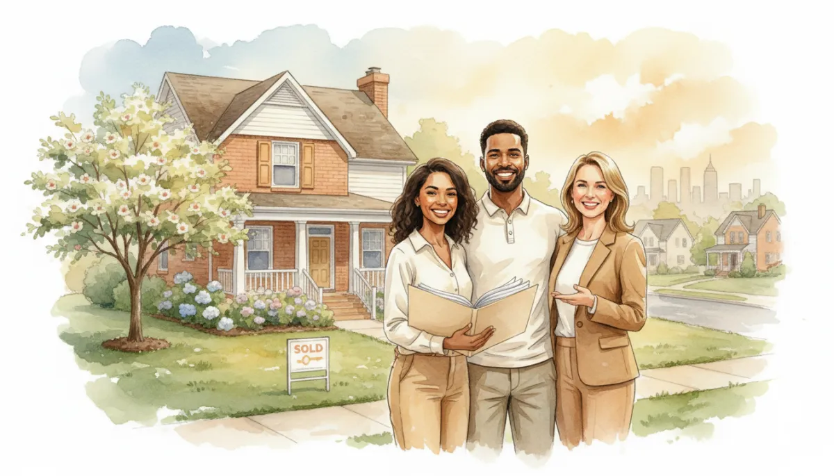 professional neutral-toned photo of a first-time buyer couple standing in front of a modest Raleigh home with a real estate agent, holding a folder of documents and smiling confidently professional neutral-toned photo of a first-time buyer couple standing in front of a modest Raleigh home with a real estate agent, holding a folder of documents and smiling confidently