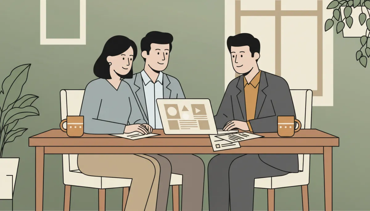 Buyers and their agent reviewing repair options after a home inspection Buyers and their agent reviewing repair options after a home inspection