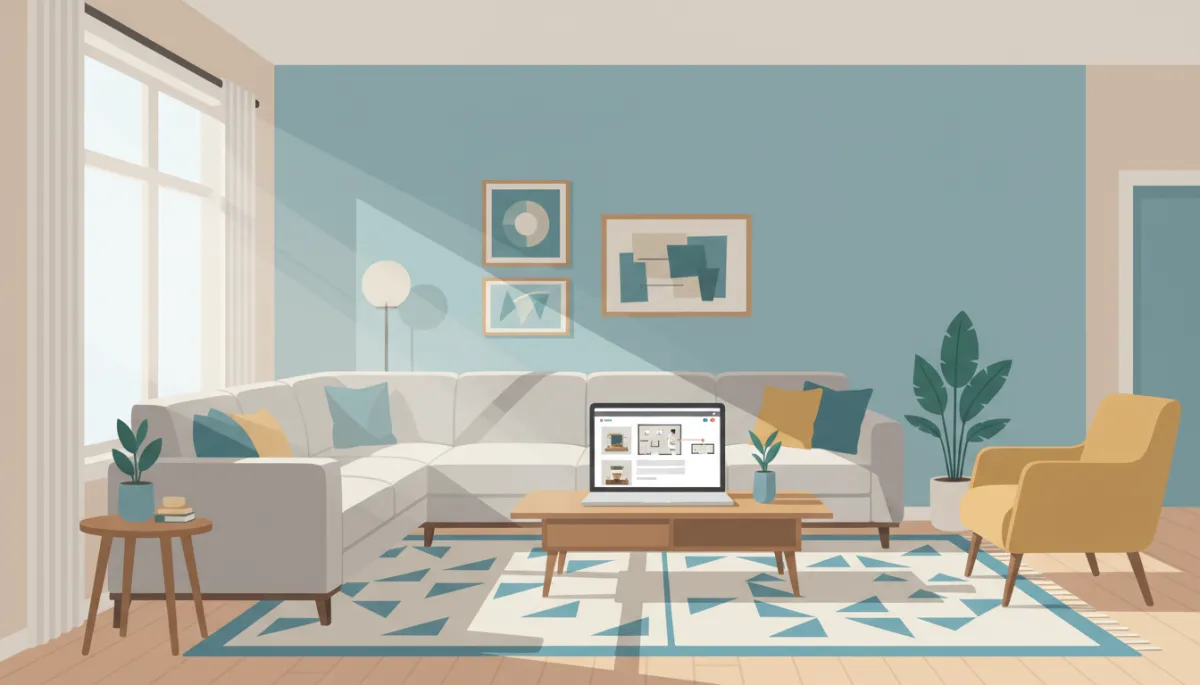 Professionally staged NC Triangle living room with online listing displayed on a laptop Professionally staged NC Triangle living room with online listing displayed on a laptop