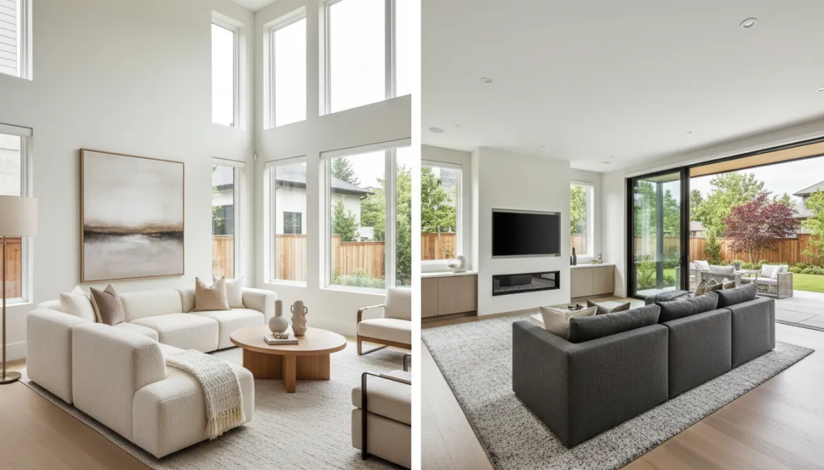 Professional split view comparing interior space in a townhome and a single-family home Professional split view comparing interior space in a townhome and a single-family home