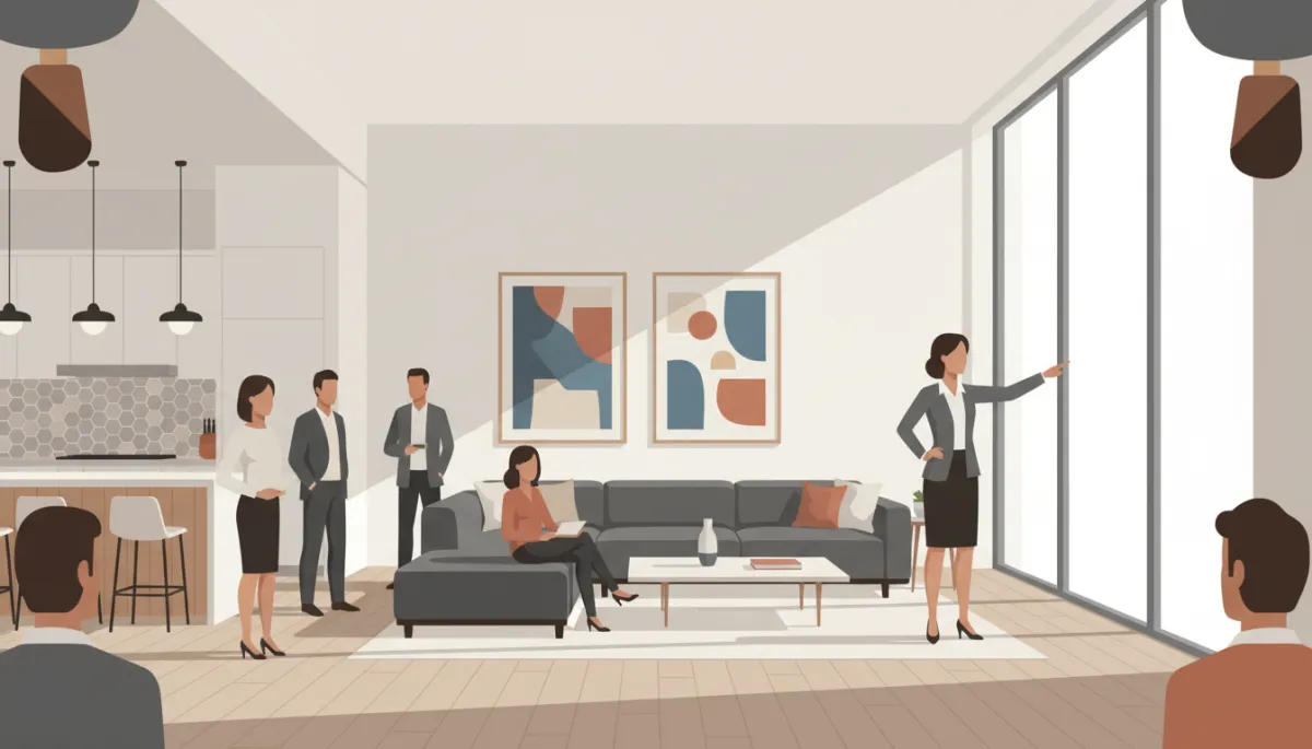 Professional open house scene in a modern Triangle home with multiple interested buyers
