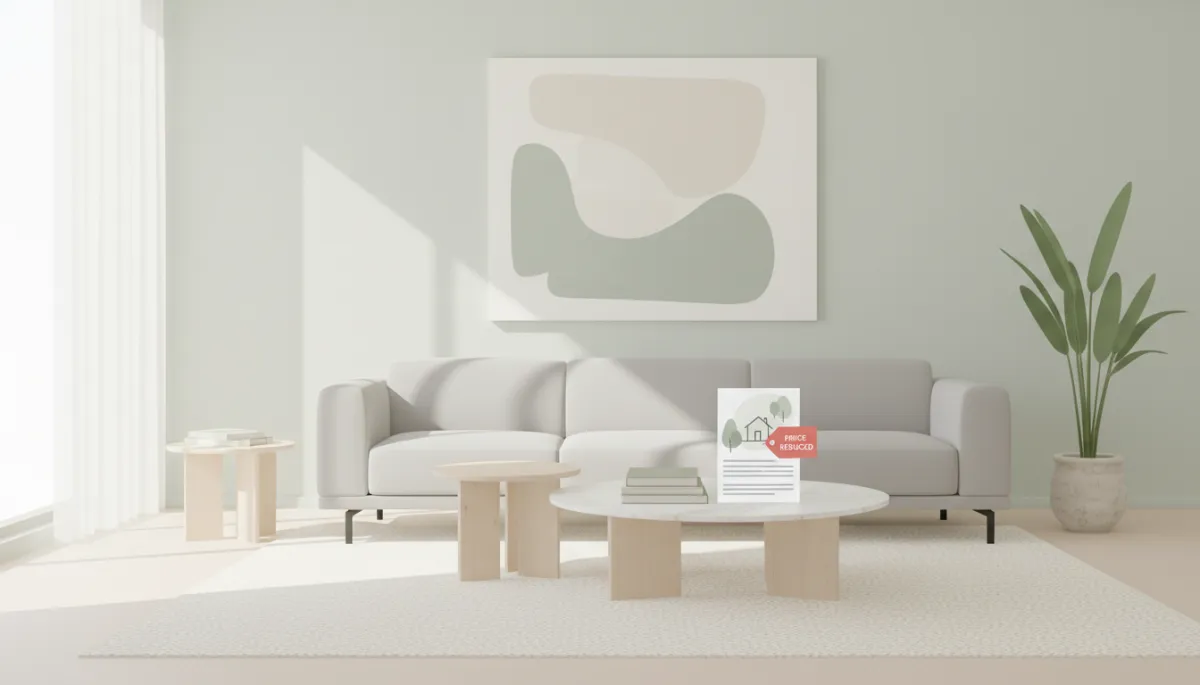 Staged living room in a Triangle home with a price-reduced listing flyer on the table