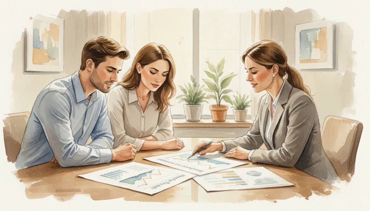 Professional meeting with buyers reviewing Triangle home price and mortgage rate trends