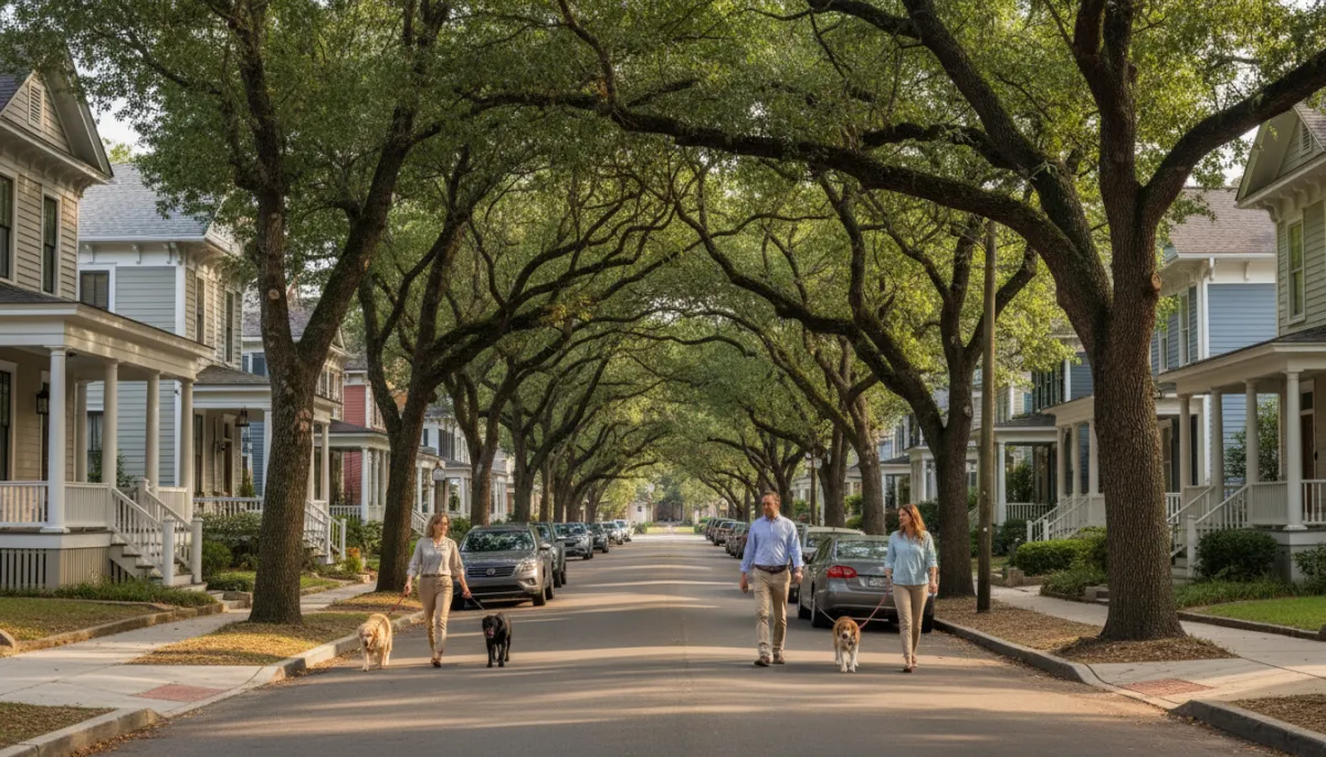 Tree-lined inside-the-beltline neighborhood street with renovated homes and pedestrians
