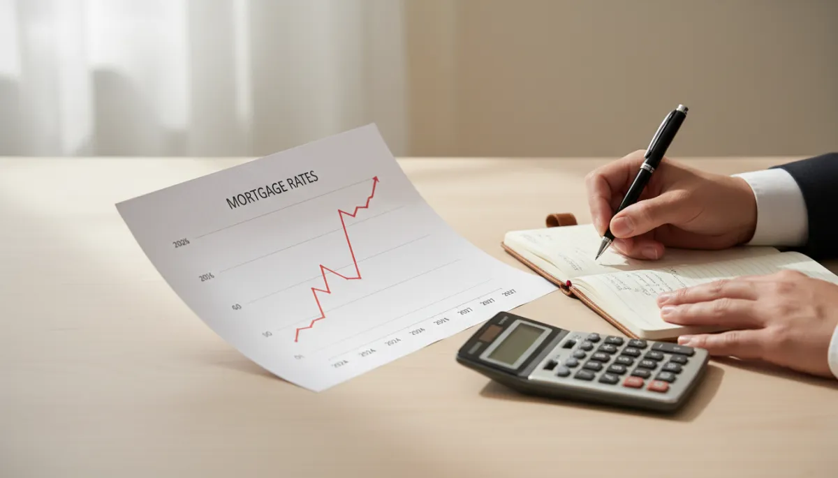 Graph showing interest rate forecasts staying elevated through 2027 on a financial advisor's desk