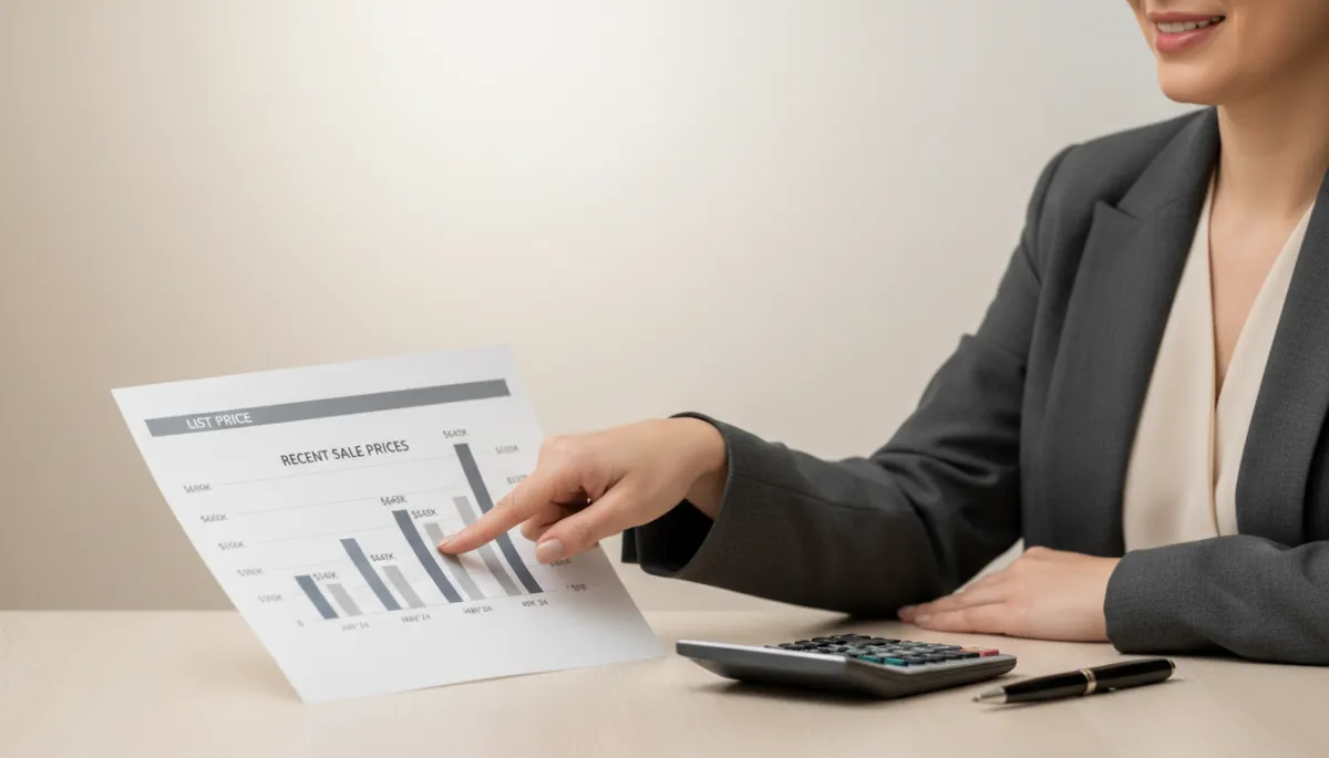 Real estate agent reviewing comparable sales and price-cut data with a buyer