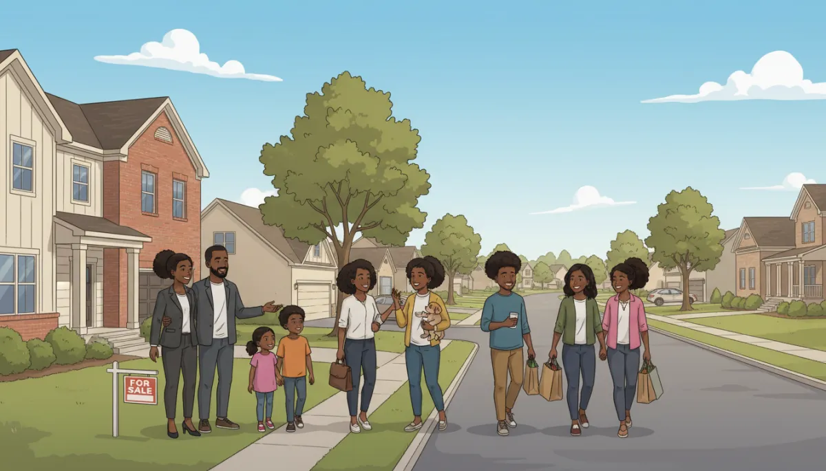 A professional, welcoming street view in an outer-ring Triangle subdivision, featuring a diverse group of Black people of different ages and genders (such as a Black real estate agent showing a home to a Black family, neighbors chatting, and a young Black couple walking). The people should look authentic, natural, and representative of the North Carolina community. The image should maintain a polished, business-appropriate aesthetic. A professional, welcoming street view in an outer-ring Triangle subdivision, featuring a diverse group of Black people of different ages and genders (such as a Black real estate agent showing a home to a Black family, neighbors chatting, and a young Black couple walking). The people should look authentic, natural, and representative of the North Carolina community. The image should maintain a polished, business-appropriate aesthetic.