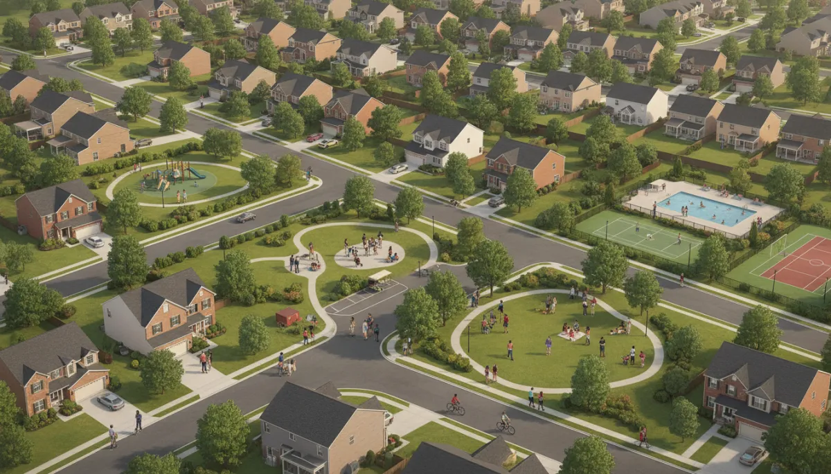 A polished, professional aerial view of a sprawling outer-ring suburban neighborhood near the Raleigh-Durham-Chapel Hill Triangle, with diverse groups of Black people of different ages and genders visible outdoors—walking, chatting, or engaging in daily life. The people should appear authentic, natural, and reflective of North Carolina's local community. The scene should remain welcoming, realistic, and suitable for a professional real estate/business brand. A polished, professional aerial view of a sprawling outer-ring suburban neighborhood near the Raleigh-Durham-Chapel Hill Triangle, with diverse groups of Black people of different ages and genders visible outdoors—walking, chatting, or engaging in daily life. The people should appear authentic, natural, and reflective of North Carolina's local community. The scene should remain welcoming, realistic, and suitable for a professional real estate/business brand.