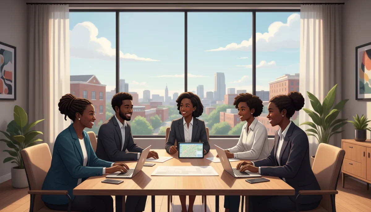 A polished, welcoming photo of a diverse group of Black people, including different ages and genders, engaged in a real estate consultation with a professional real estate agent. The group should authentically reflect the North Carolina community, in a modern, naturally lit office with a city neighborhood visible through large windows. Everyone should look professional, approachable, and authentic. A polished, welcoming photo of a diverse group of Black people, including different ages and genders, engaged in a real estate consultation with a professional real estate agent. The group should authentically reflect the North Carolina community, in a modern, naturally lit office with a city neighborhood visible through large windows. Everyone should look professional, approachable, and authentic.
