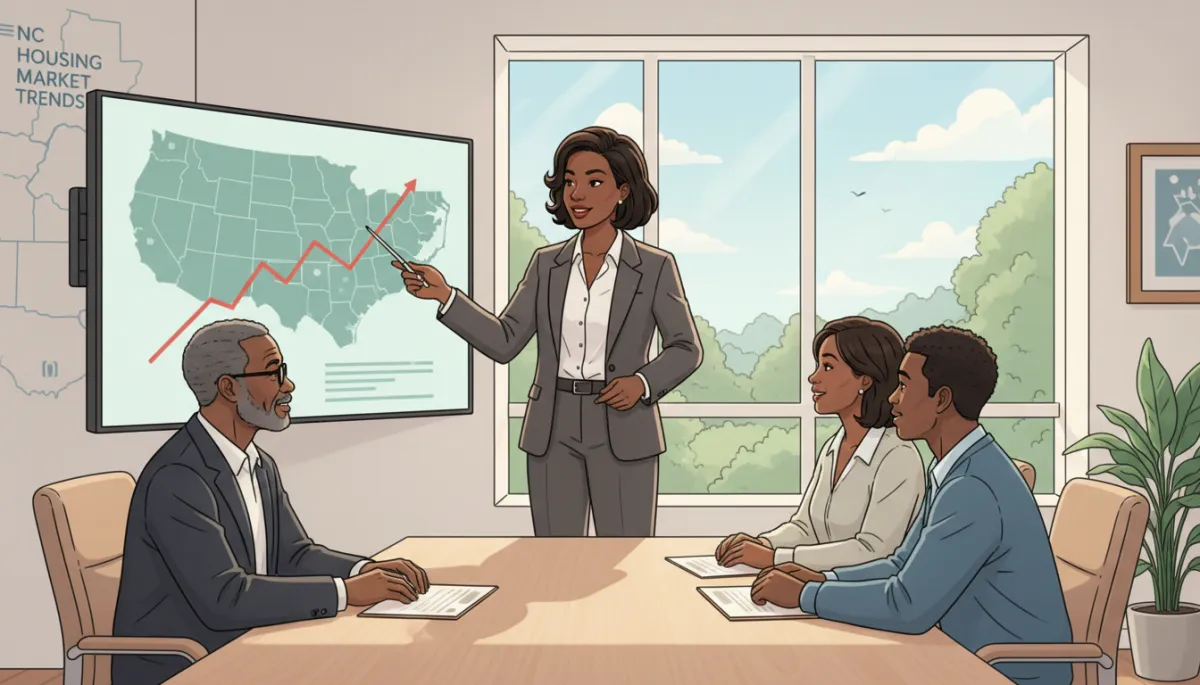A natural, professional photo of a Black real estate agent explaining housing market trends to Black clients of varying ages and genders, realistically representing the North Carolina community. The setting should be a bright, modern office or home, and the people should appear authentic, confident, and welcoming—suitable for a business/real estate brand. A natural, professional photo of a Black real estate agent explaining housing market trends to Black clients of varying ages and genders, realistically representing the North Carolina community. The setting should be a bright, modern office or home, and the people should appear authentic, confident, and welcoming—suitable for a business/real estate brand.