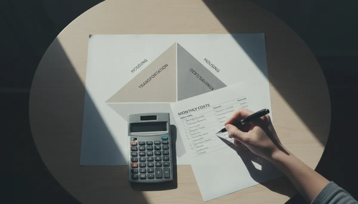 First-time buyer mapping their triangle budget with a calculator and worksheet