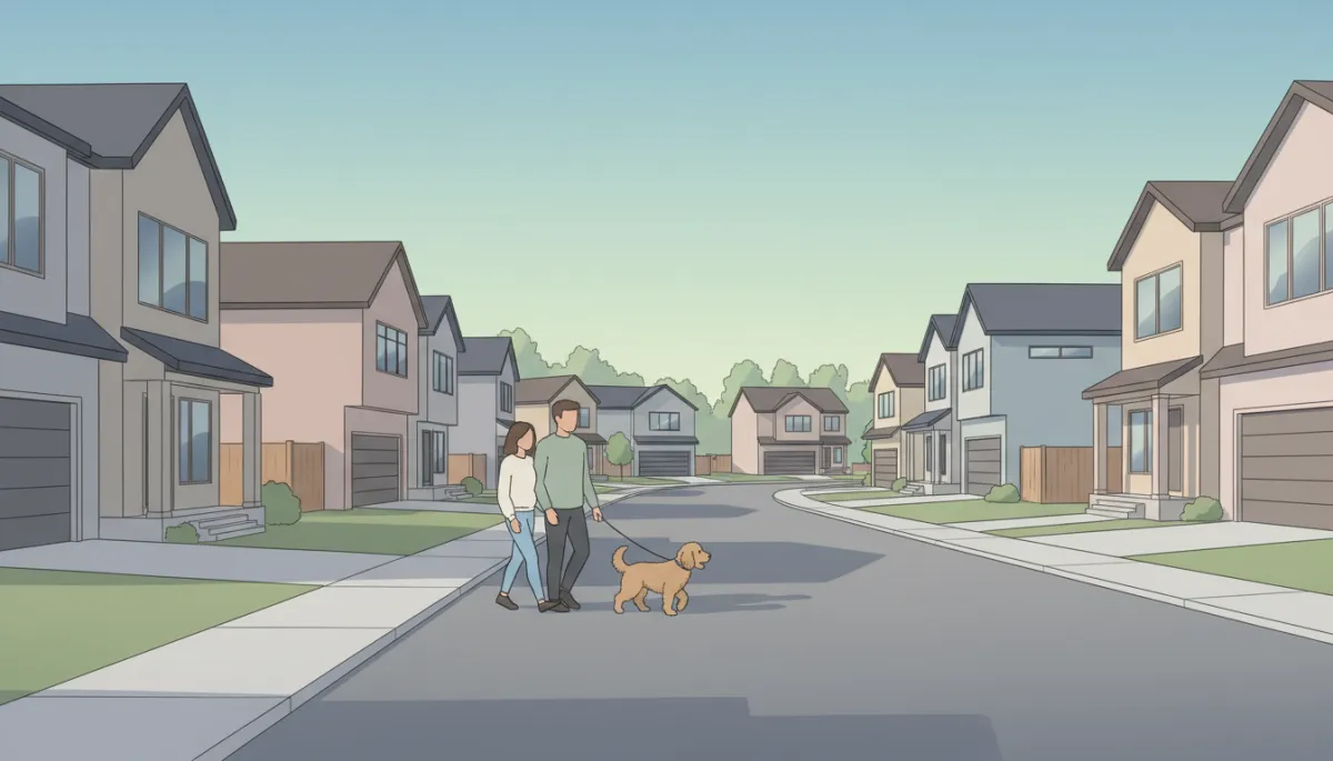 Professional view of residential neighborhood with homes and pedestrians
