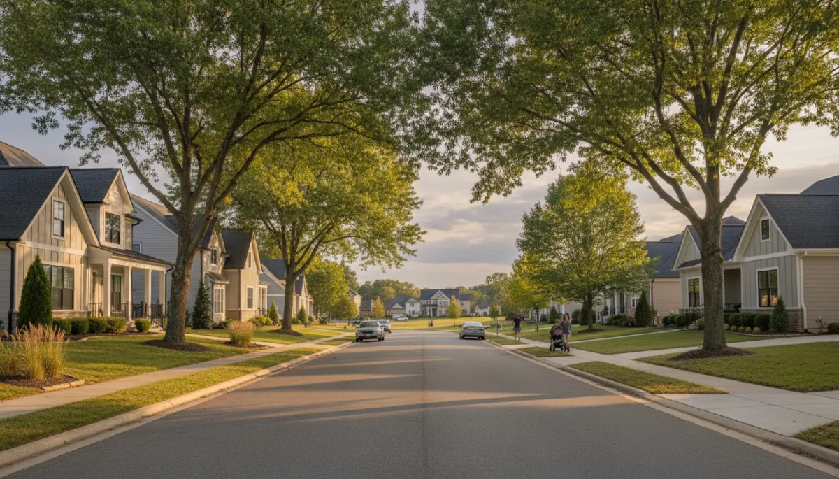 Quiet Raleigh–Durham suburban street lined with modern single-family homes