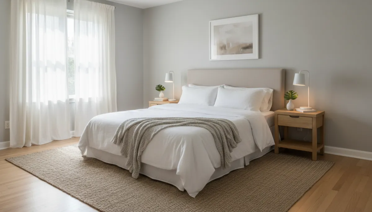Professionally staged neutral bedroom highlighting space and natural light