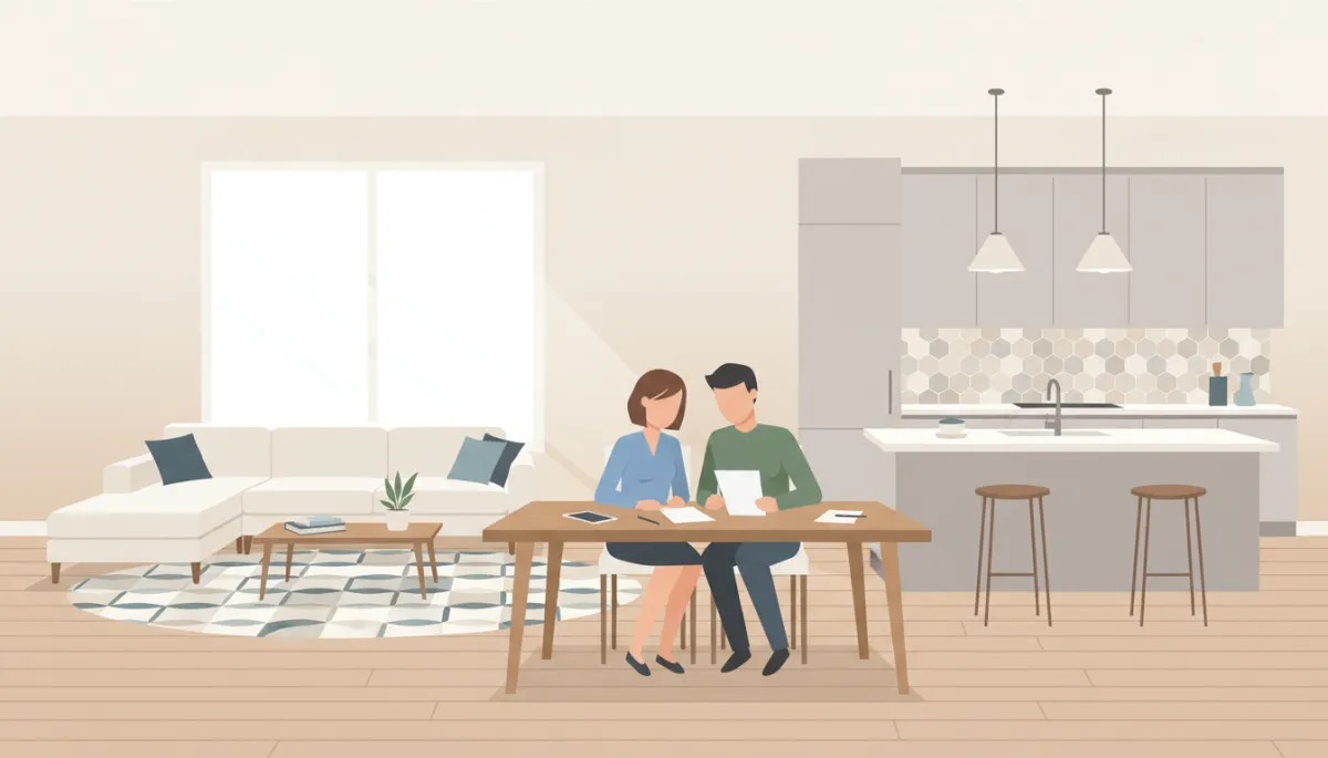 Professional photorealistic interior of a Raleigh-Durham home with couple reviewing housing options