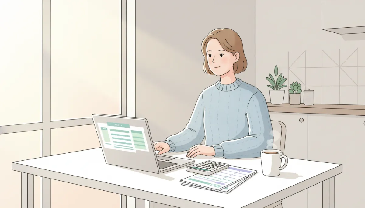 Homebuyer reviewing a budget with a laptop and calculator at a kitchen table Homebuyer reviewing a budget with a laptop and calculator at a kitchen table
