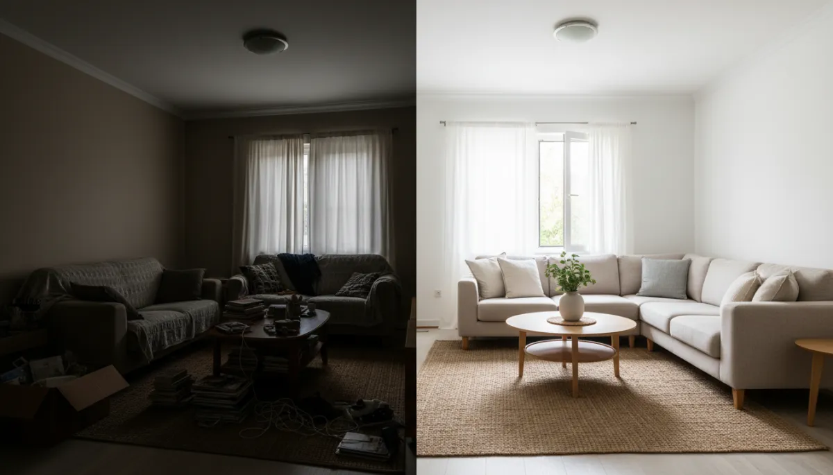 Before and after comparison of a living room transformed by professional home staging