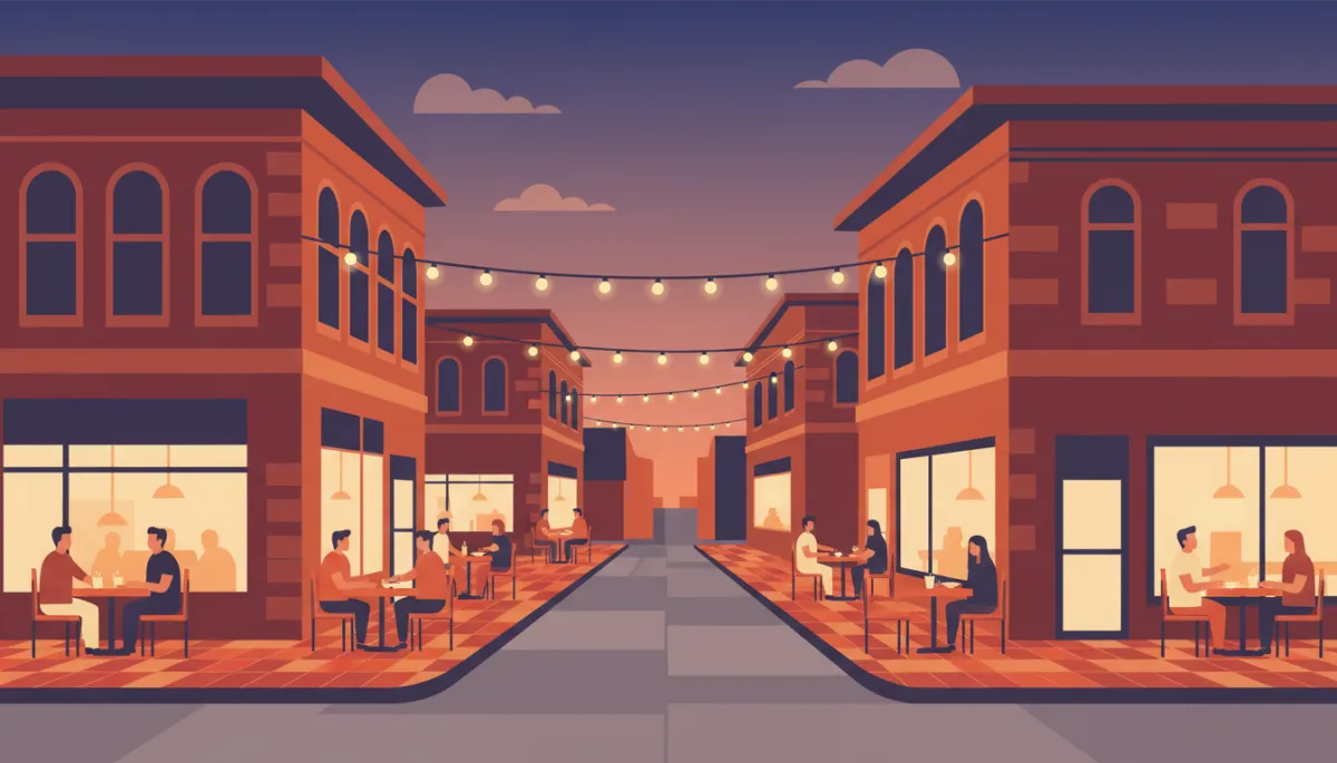 Walkable downtown Durham street with historic brick buildings and restaurants