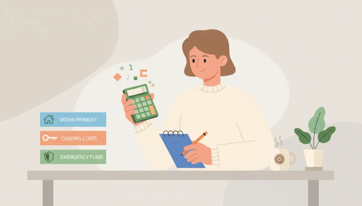 Homebuyer calculating down payment, closing costs, and emergency fund on a desk