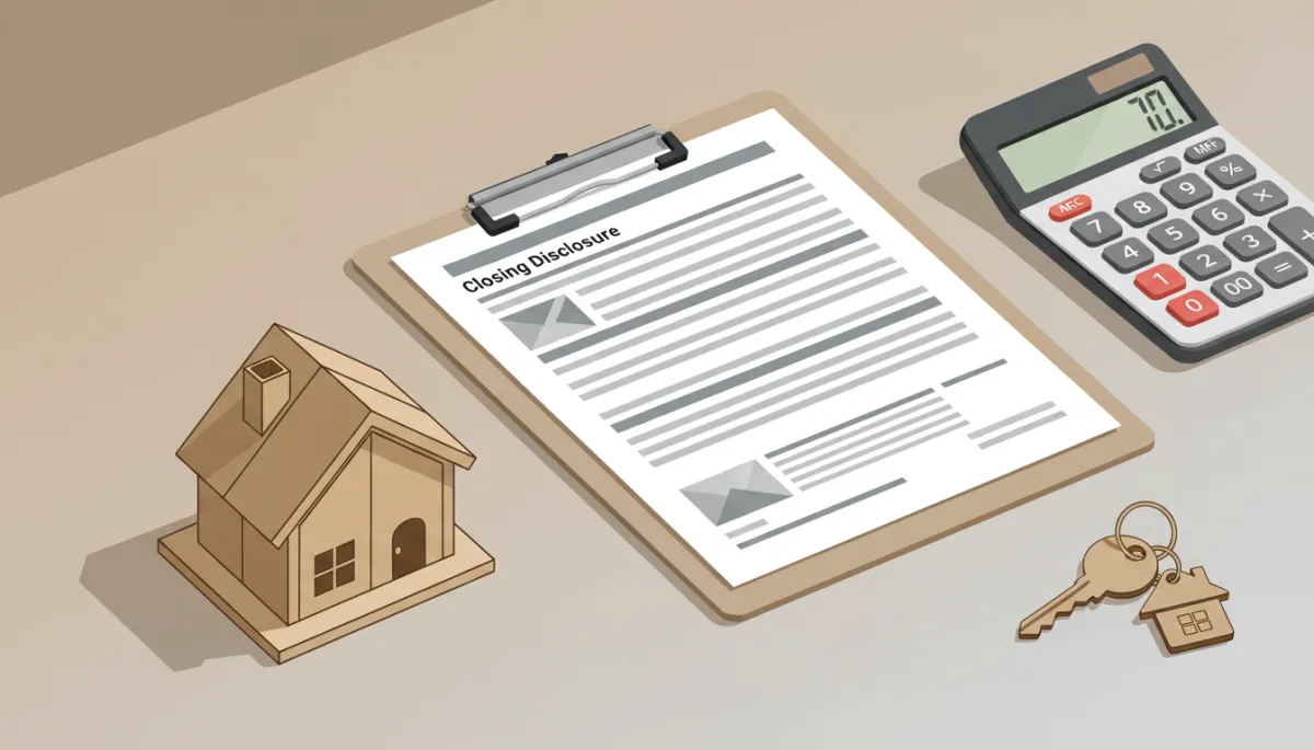 Closing disclosure, calculator, and house keys on a desk
