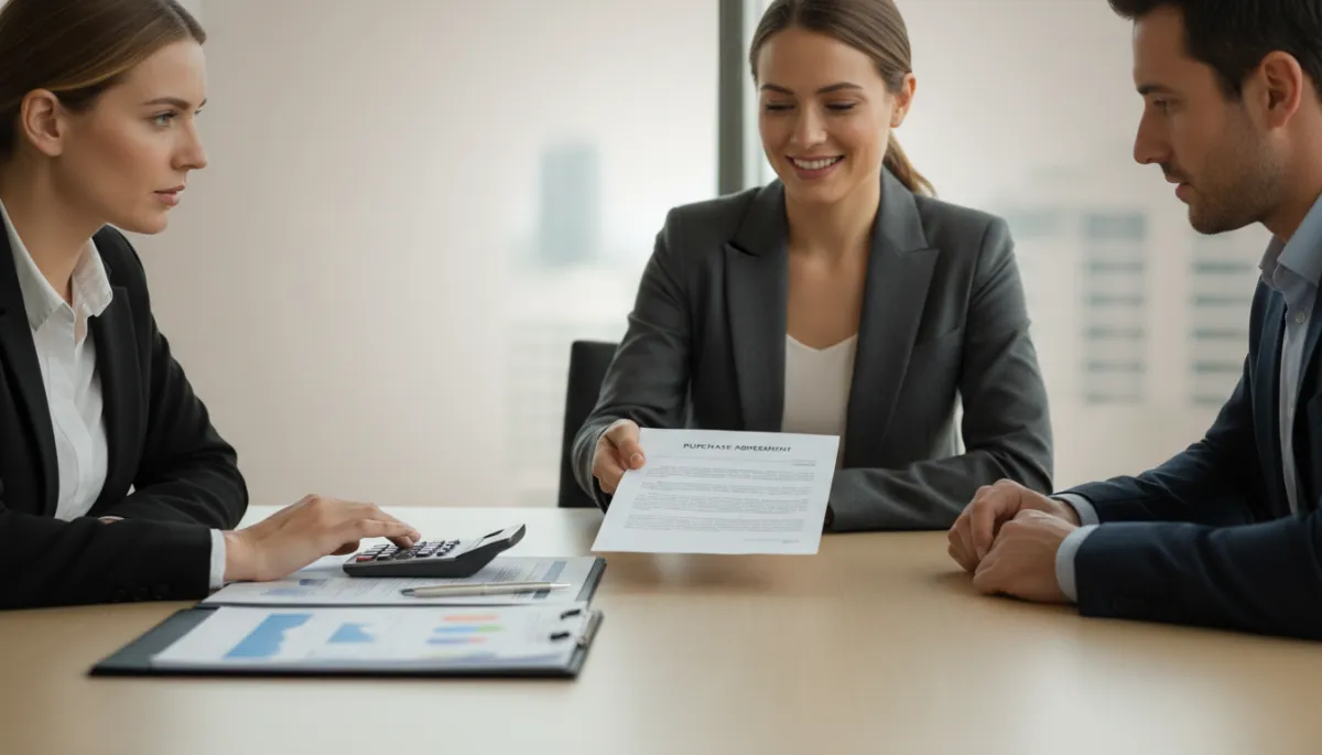 Agent presenting a structured home purchase offer to buyers Agent presenting a structured home purchase offer to buyers