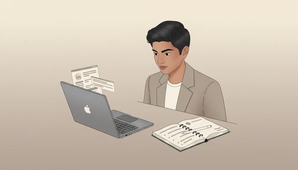 Indian consultant planning LinkedIn content strategy on a laptop Indian consultant planning LinkedIn content strategy on a laptop