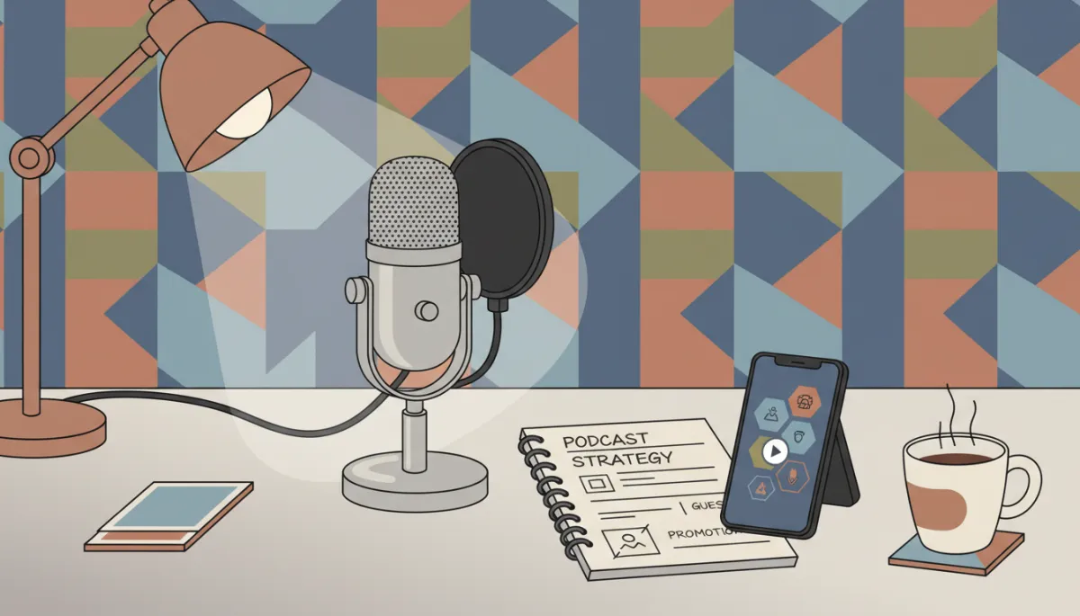 Indian podcaster planning podcast strategy with notes and social media clips on desk