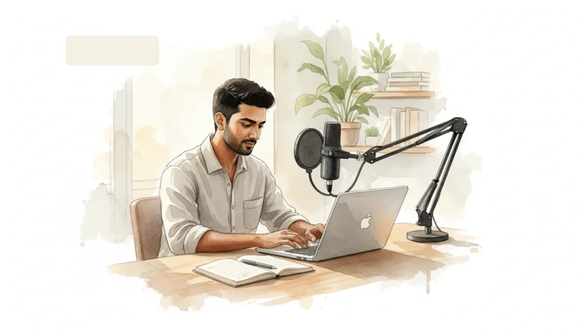 professional neutral-color photograph of an Indian entrepreneur working alone at a laptop in a calm home office, podcast mic and notebook on desk, soft natural light, subtle text overlay area