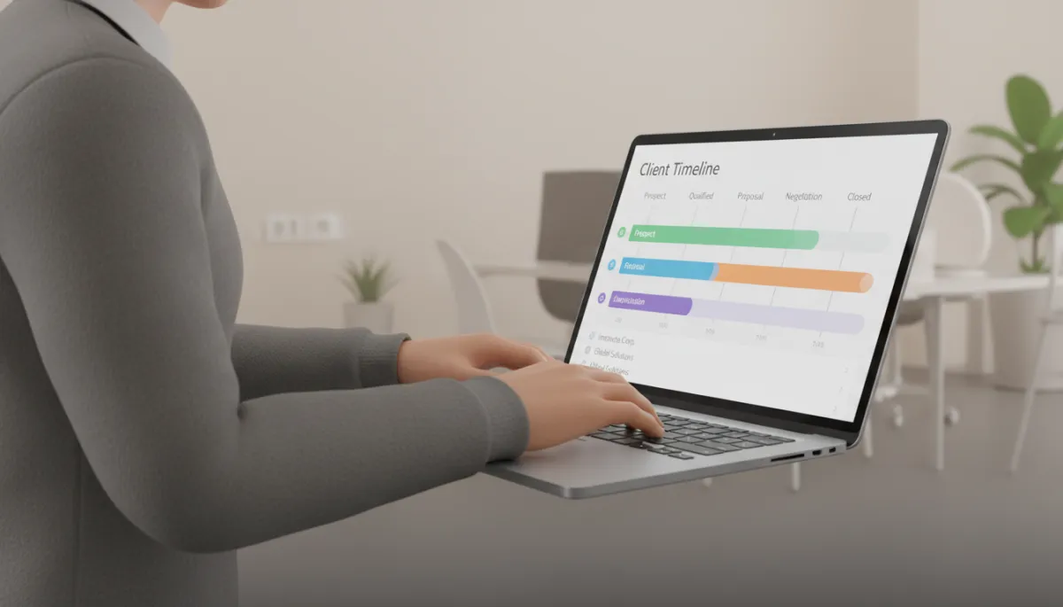 Team member reviewing client records and pipeline stages in a CRM on a laptop