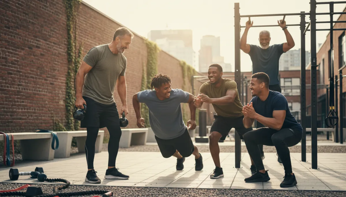 Group of men exercising together in an outdoor fitness area