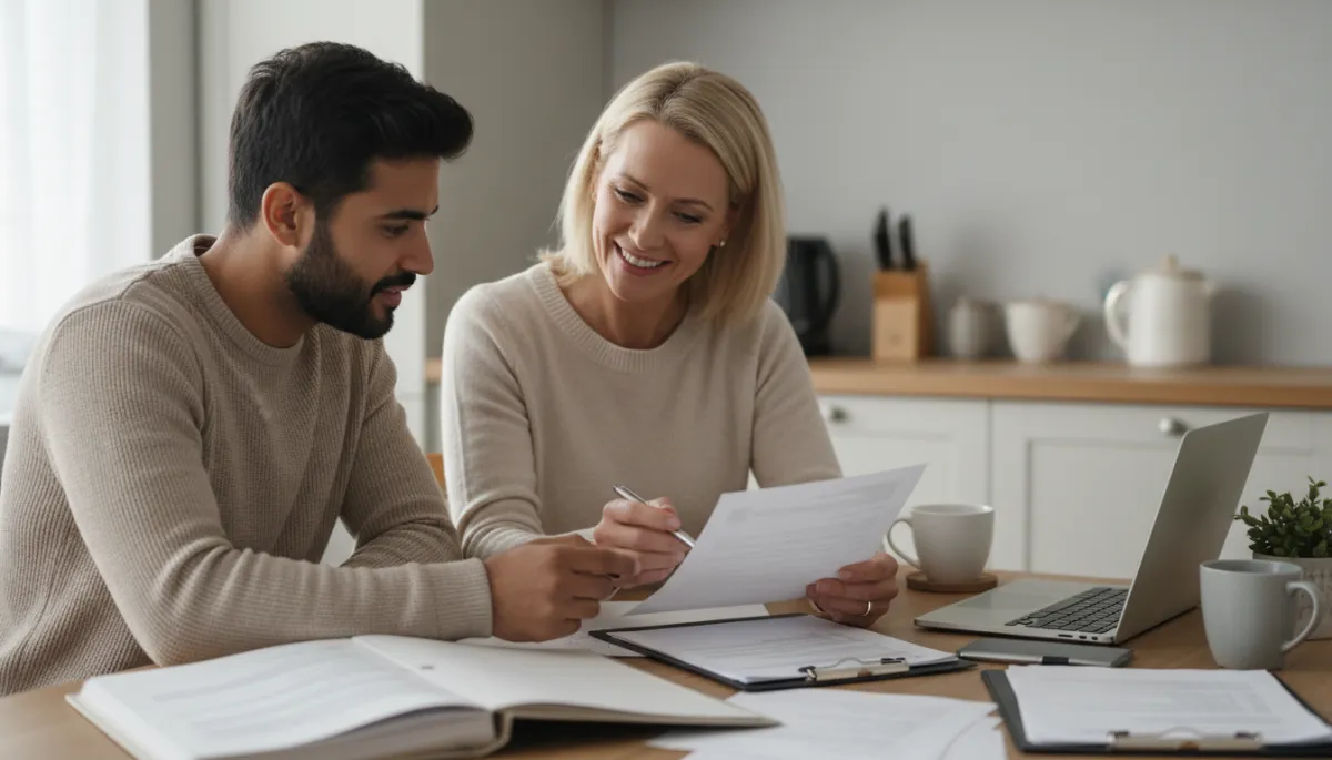 Couple reviewing home buying paperwork with a real estate agent