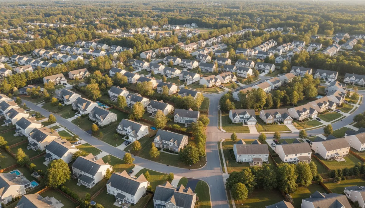Aerial view of a North Carolina suburban neighborhood