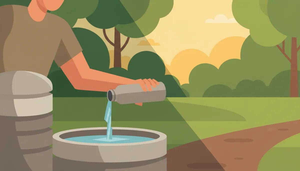 Person refilling a reusable water bottle at a park fountain in summer Person refilling a reusable water bottle at a park fountain in summer